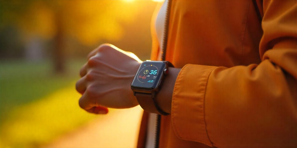  A Person Wearing A Wearable Health Monitoring Device A Smartwatch Outdoors At Sunset.
